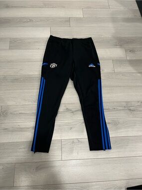 adidas Black Track Pants with Blue Side Stripes Manchester United